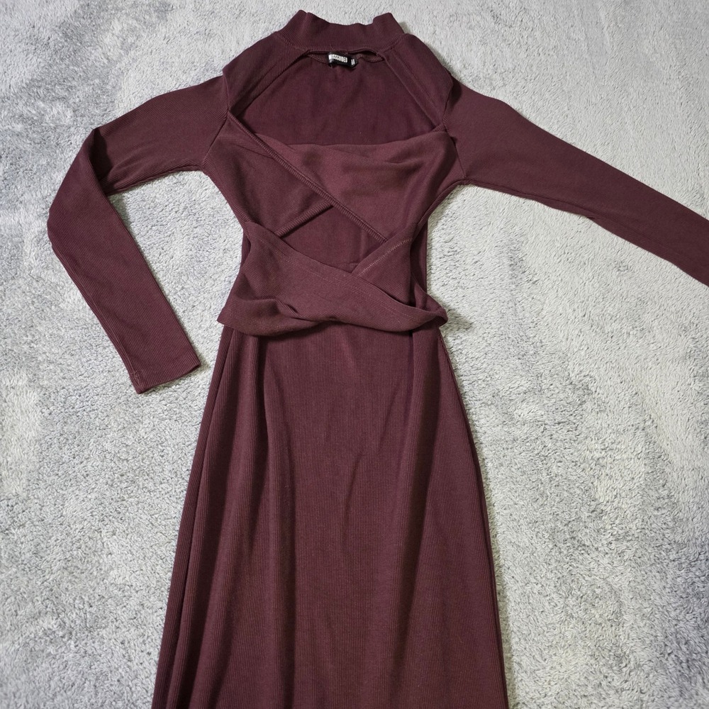 Missguided Womens US 2 Maxi Dress Burgundy Ribbed Cutout Crossover Mock Neck